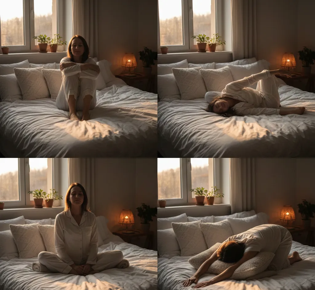 Jogos pozos lovoje vakare: švelni praktika giliam atsipalaidavimui ir kokybiškam miegui