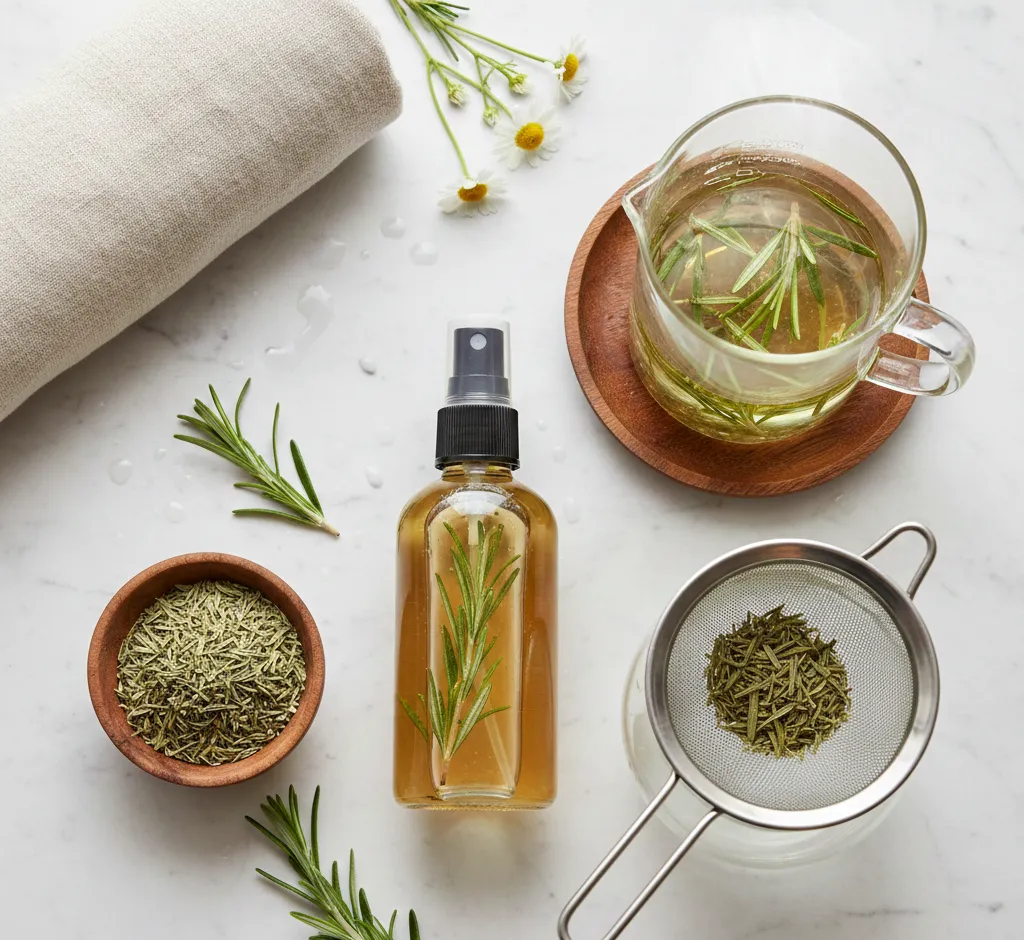 Rozmarino vanduo plaukams: natūralus blizgis ir augimo skatinimas namuose